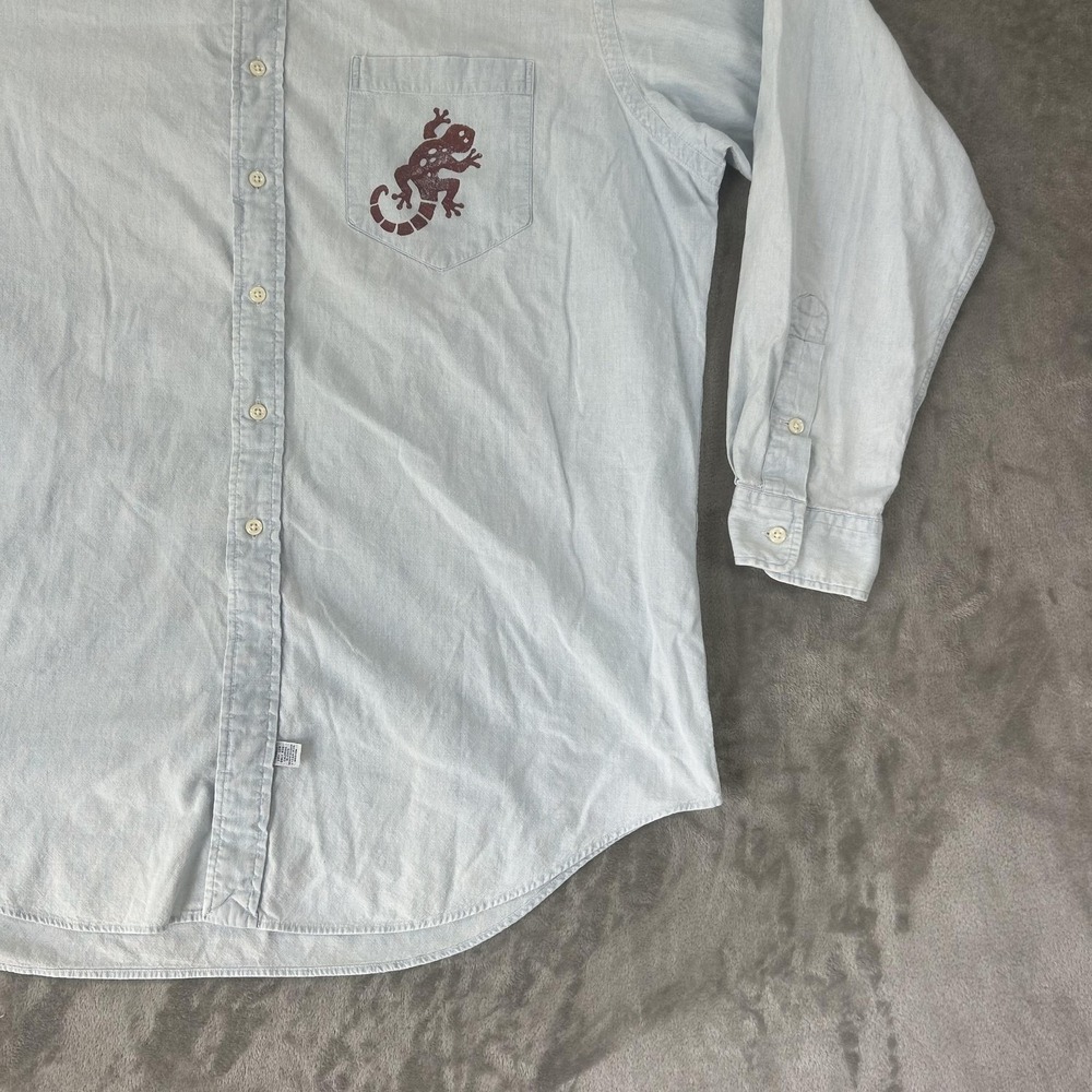 Polo Ralph Lauren Shirt Mens Large Blue Chambray Lizard Pocket Band Collar - Picture 8 of 16
